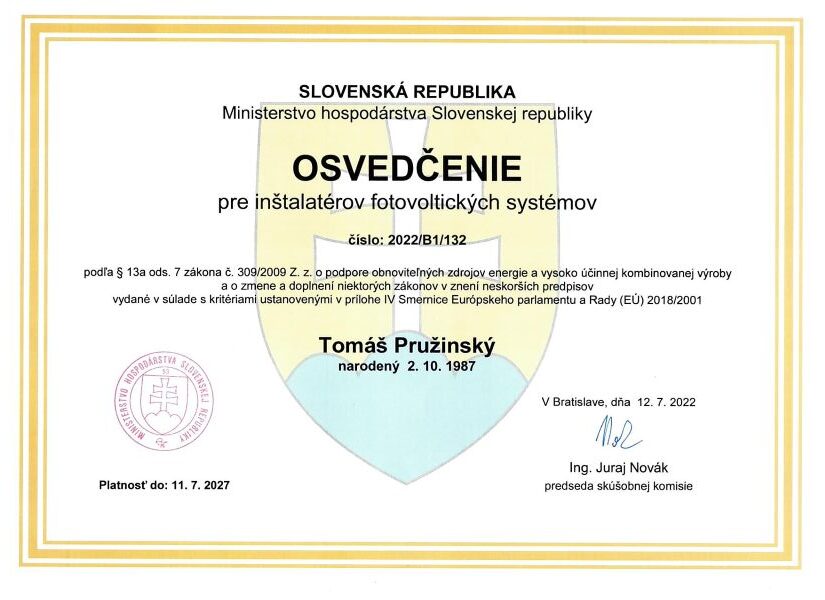 Osvedčenie pre inštalatérov Fotovoltických systémov